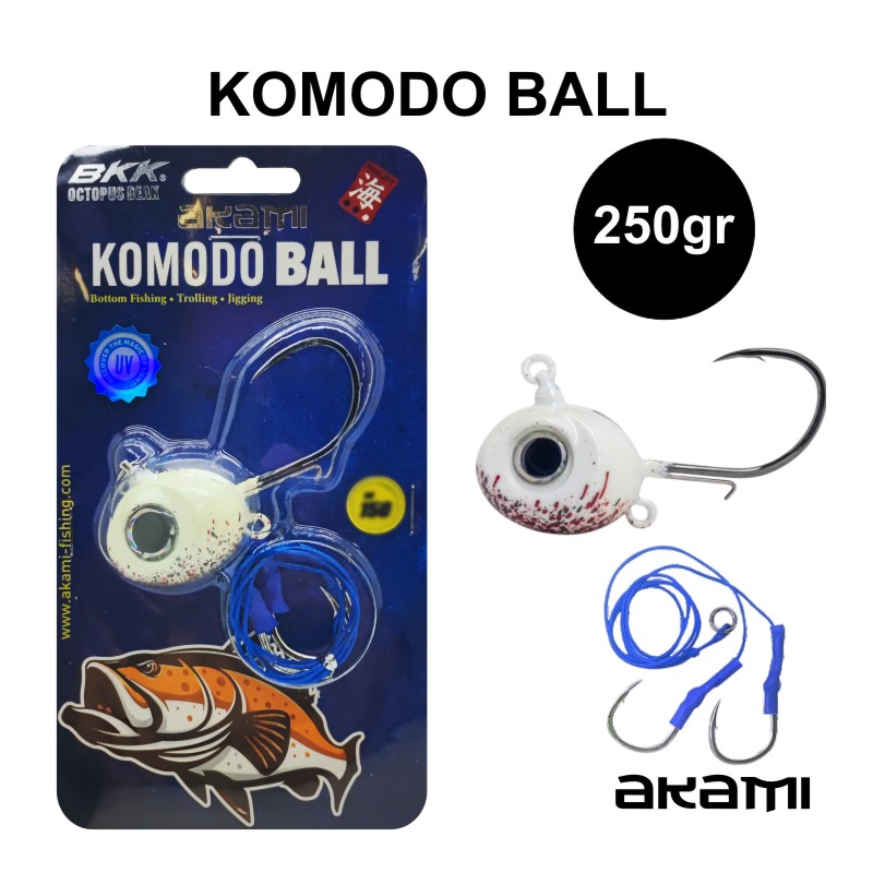 Jig head Akami Komodo Ball para ténya, pesca de fundo e corrico, com olhos 3D e design hidrodinâmico. Ideal para pargos e garoupas.