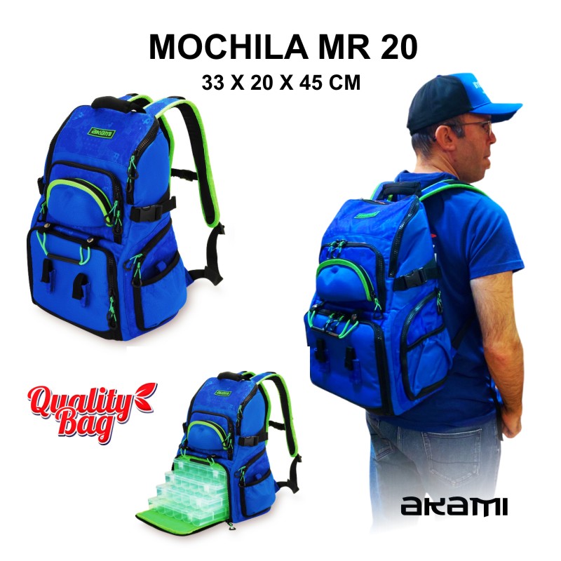 Mochila Akami MR 20 de pesca desportiva em material hidrofóbico com 4 caixas em ABS incluídas.