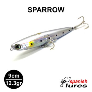 AMOSTRA SPANISH LURES SPARROW 90 - 9CM / 12.3GR TOP WATER WHITE SARDINE