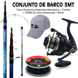 CONJUNTO DE BARCO 3MT - CANA + CARRETO + LINHA + BONÉ